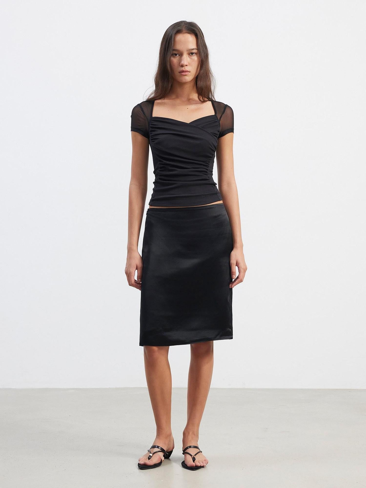 AFTADAWN Sheer Mesh Pleated Faux Two Piece V-neck Women&