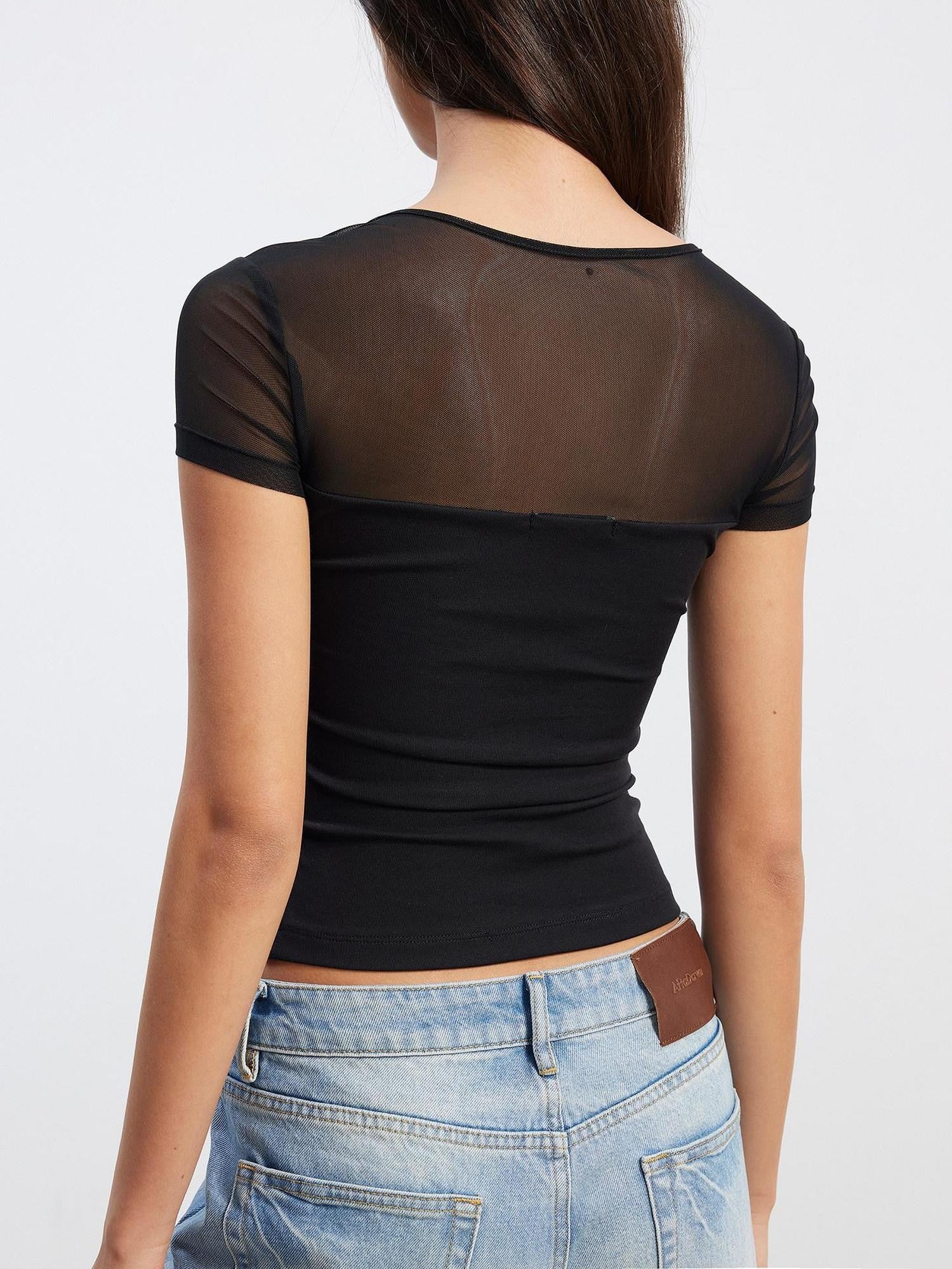 AFTADAWN Sheer Mesh Pleated Faux Two Piece V-neck Women&