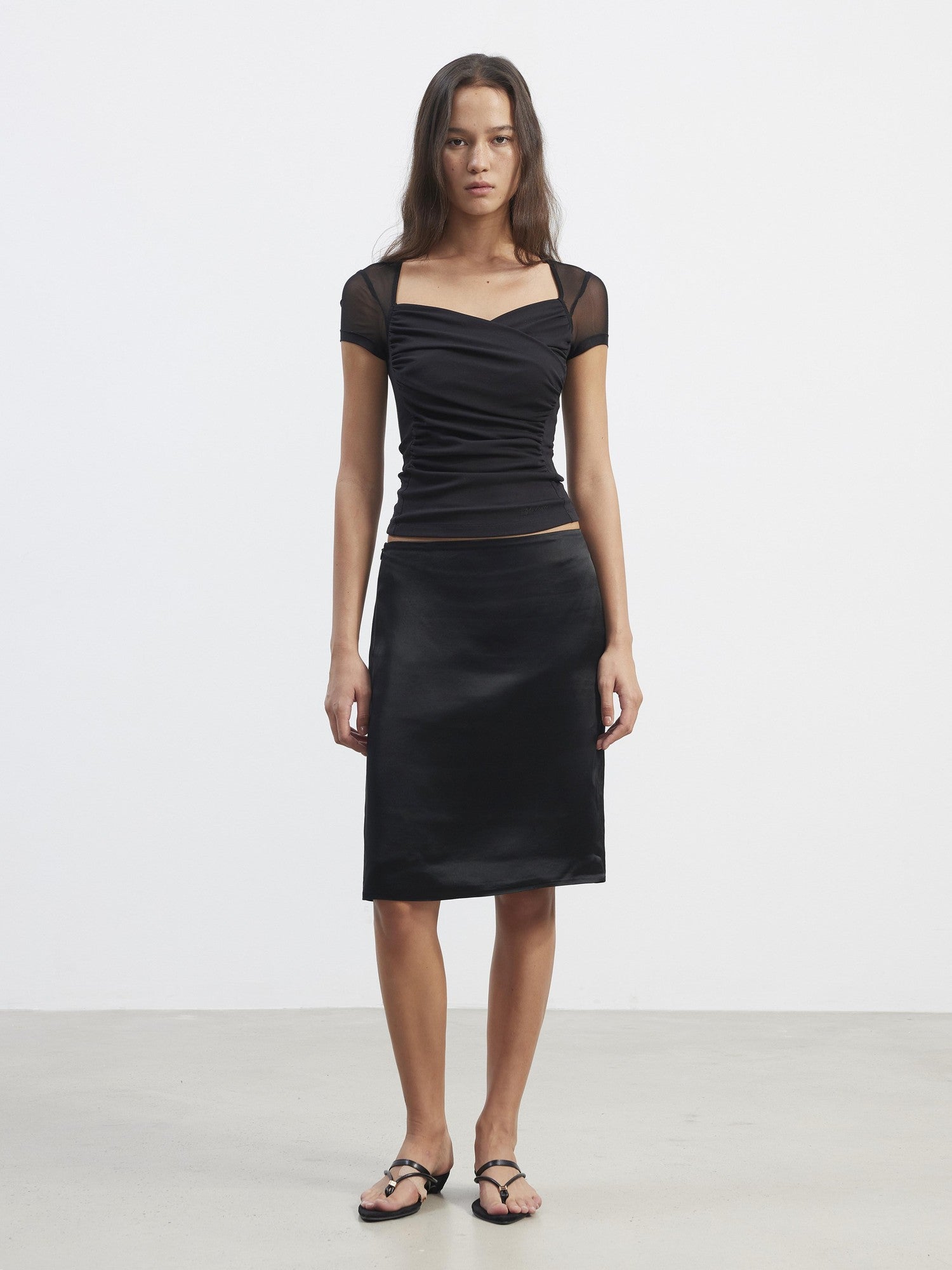AFTADAWN Sheer Mesh Pleated Faux Two Piece V-neck Women&