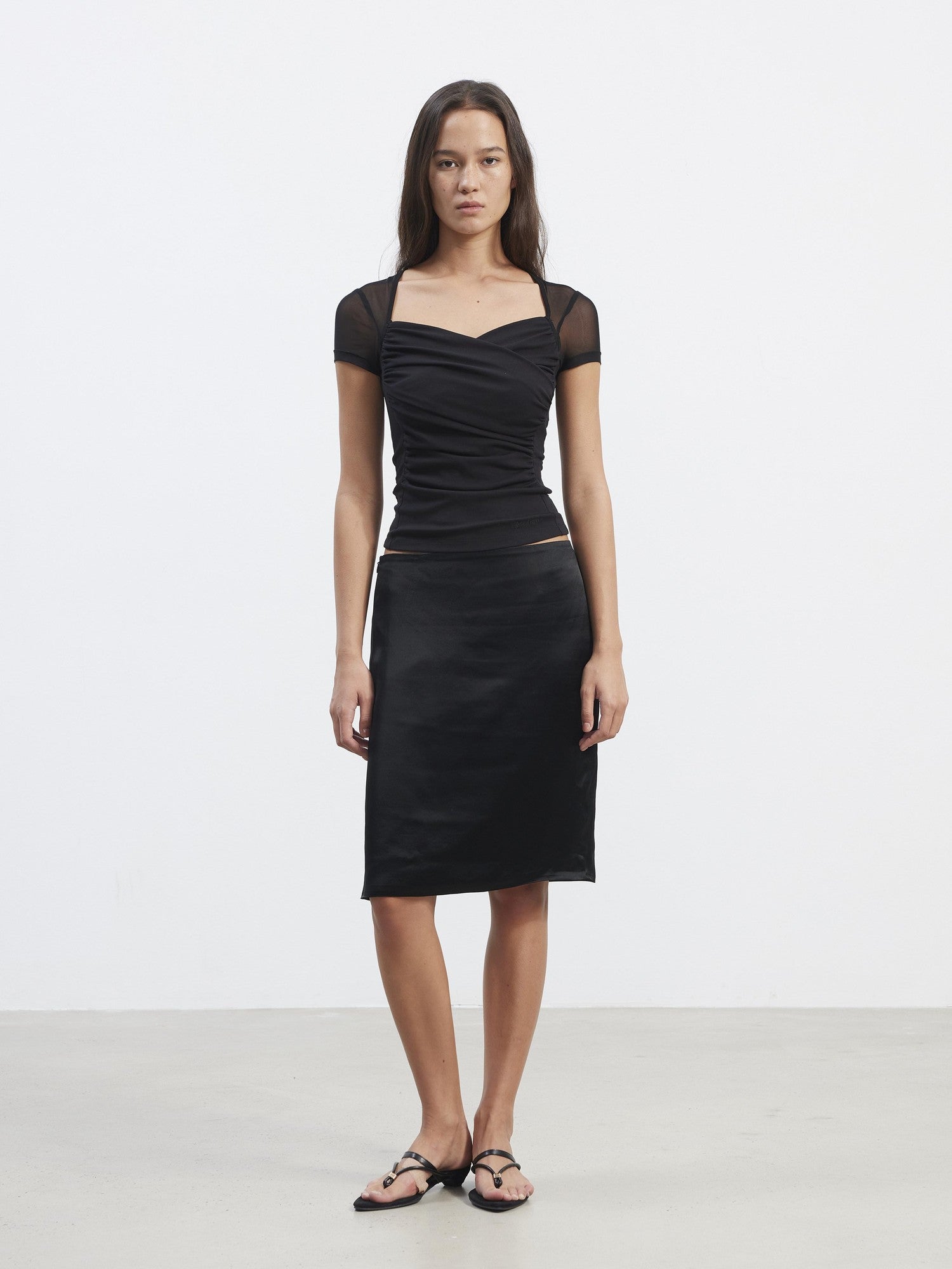 AFTADAWN Sheer Mesh Pleated Faux Two Piece V-neck Women&