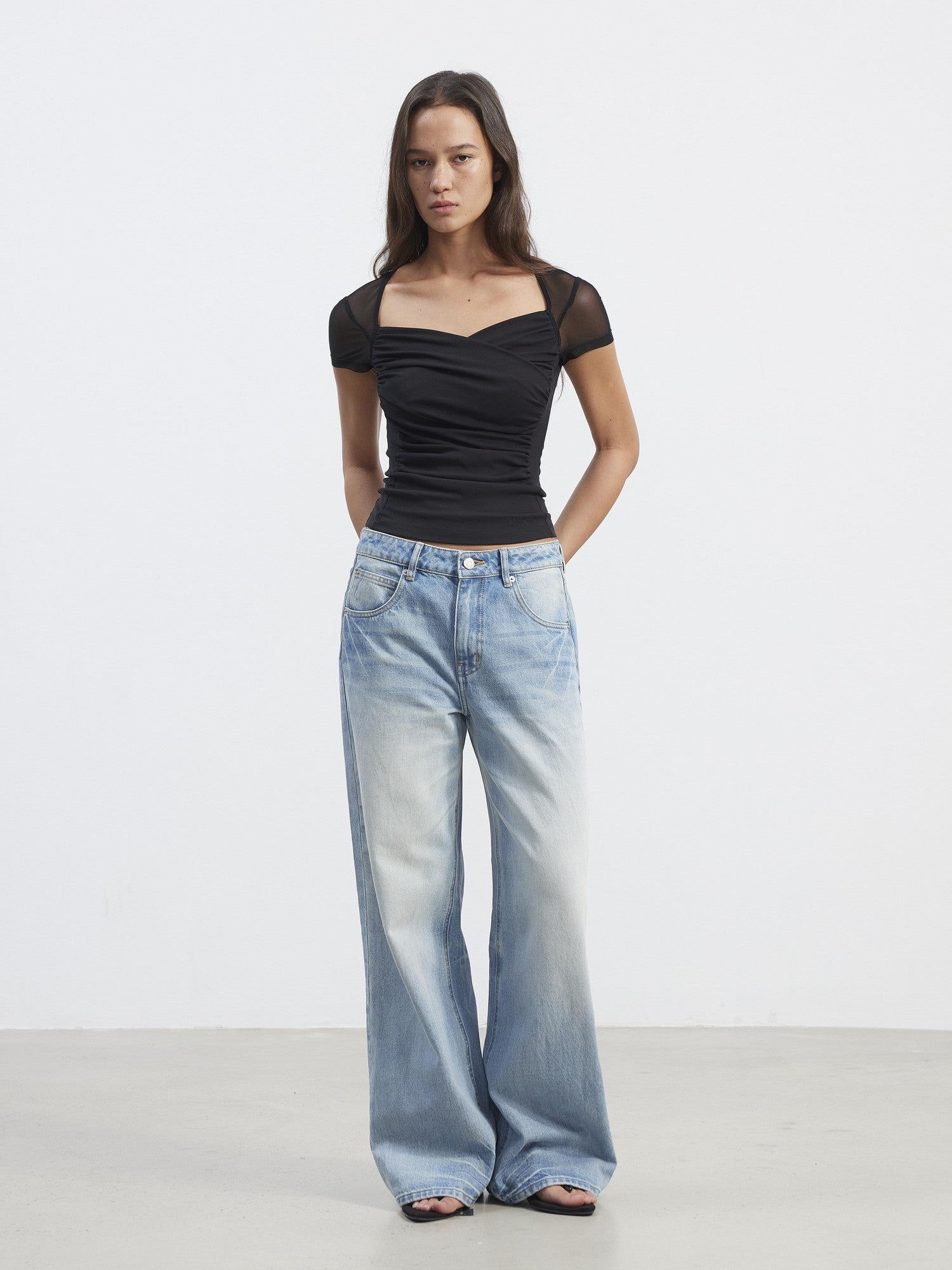 AFTADAWN Sheer Mesh Pleated Faux Two Piece V-neck Women&
