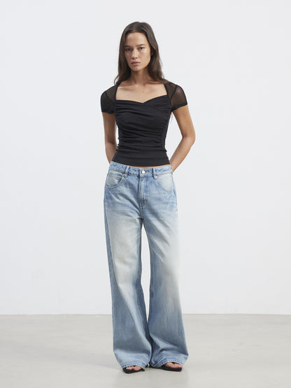 AFTADAWN Sheer Mesh Pleated Faux Two Piece V-neck Women&
