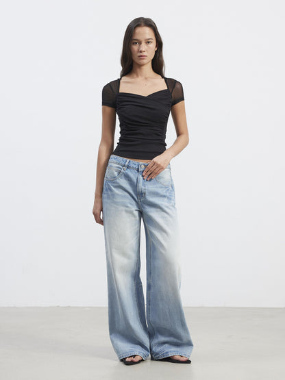AFTADAWN Sheer Mesh Pleated Faux Two Piece V-neck Women&