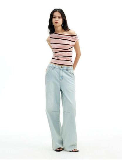 AFTADAWN Sheer Pleated Wide Stripe Multiway Off Shoulder Women&