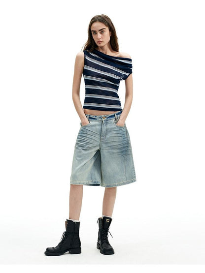 AFTADAWN Sheer Pleated Wide Stripe Multiway Off Shoulder Women&