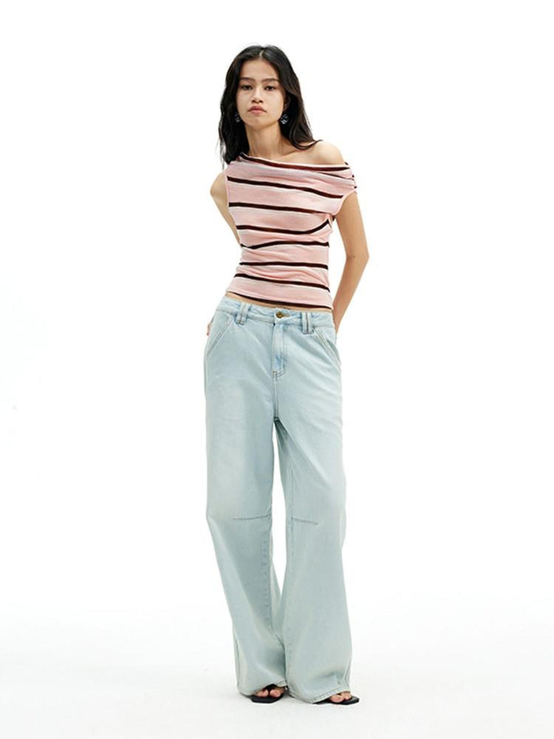 AFTADAWN Sheer Pleated Wide Stripe Multiway Off Shoulder Women&
