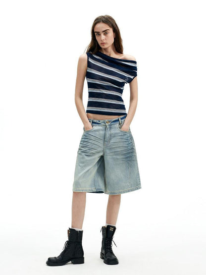AFTADAWN Sheer Pleated Wide Stripe Multiway Off Shoulder Women&