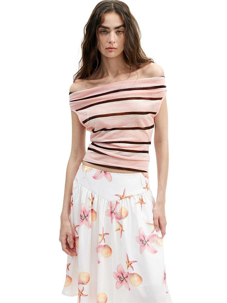 AFTADAWN Sheer Pleated Wide Stripe Multiway Off Shoulder Women&
