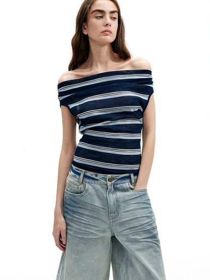 AFTADAWN Sheer Pleated Wide Stripe Multiway Off Shoulder Women&