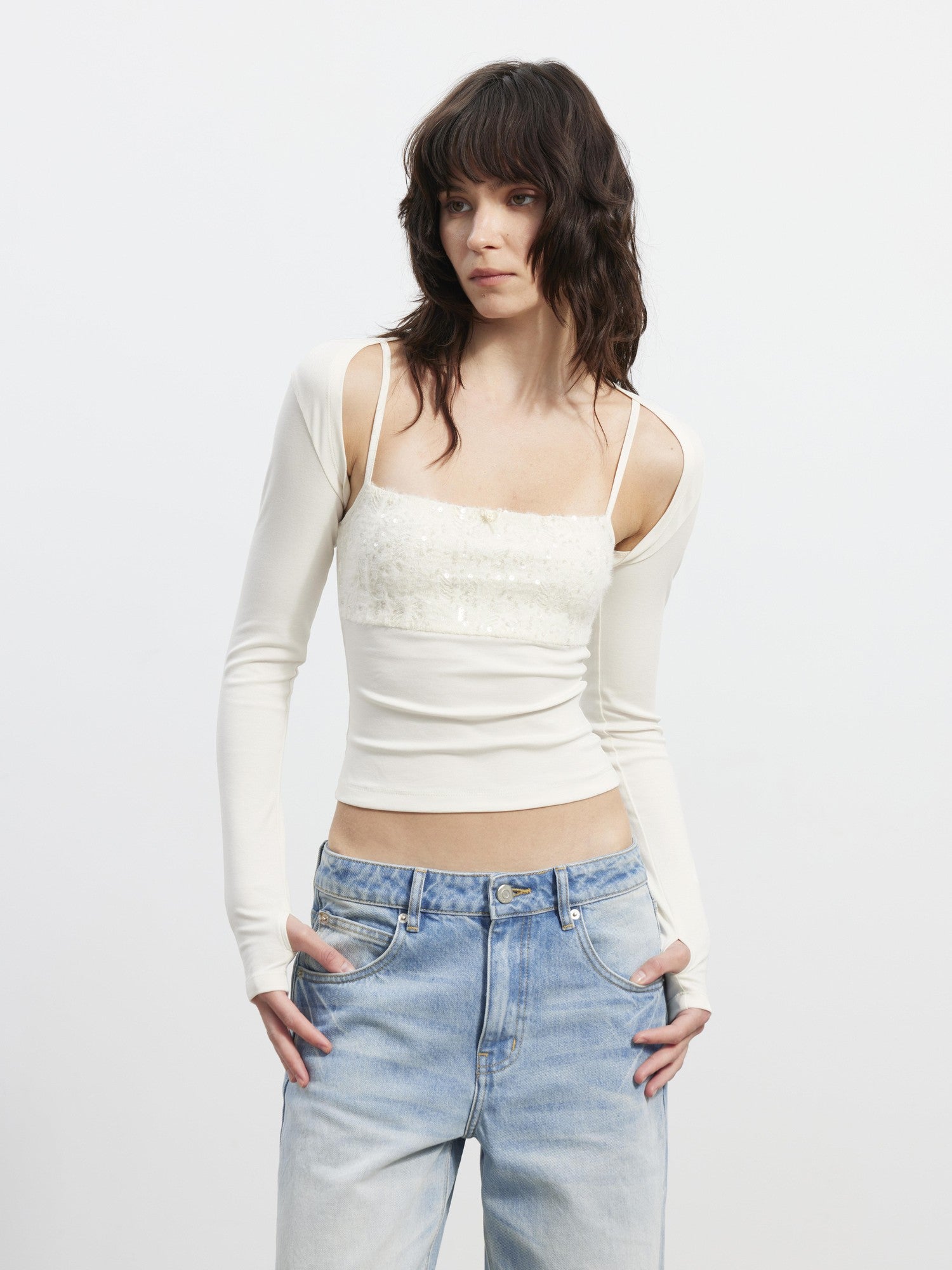AFTADAWN Shimmer Sequin Embroidered Lace Square Neck Slim Women&