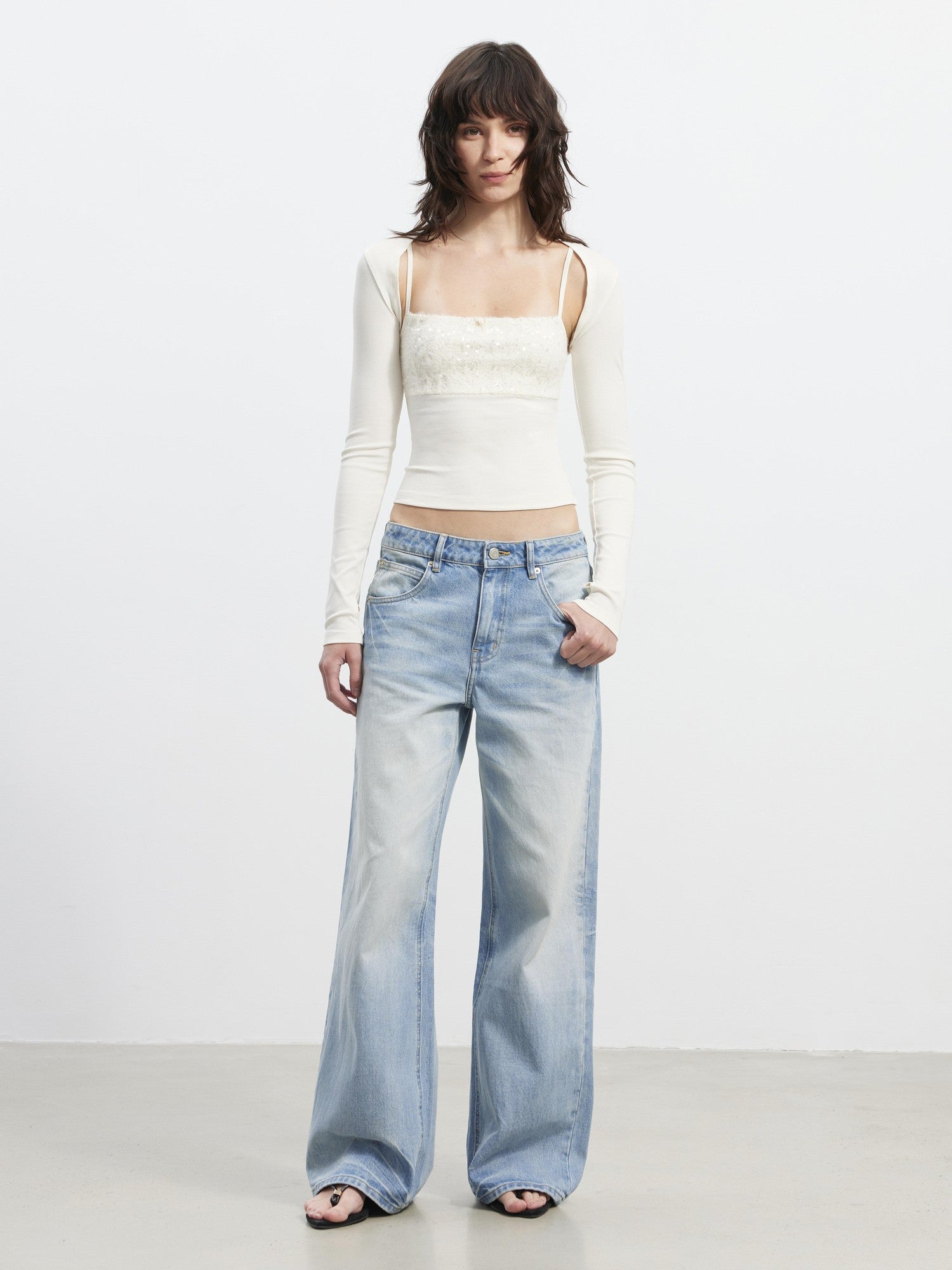 AFTADAWN Shimmer Sequin Embroidered Lace Square Neck Slim Women&