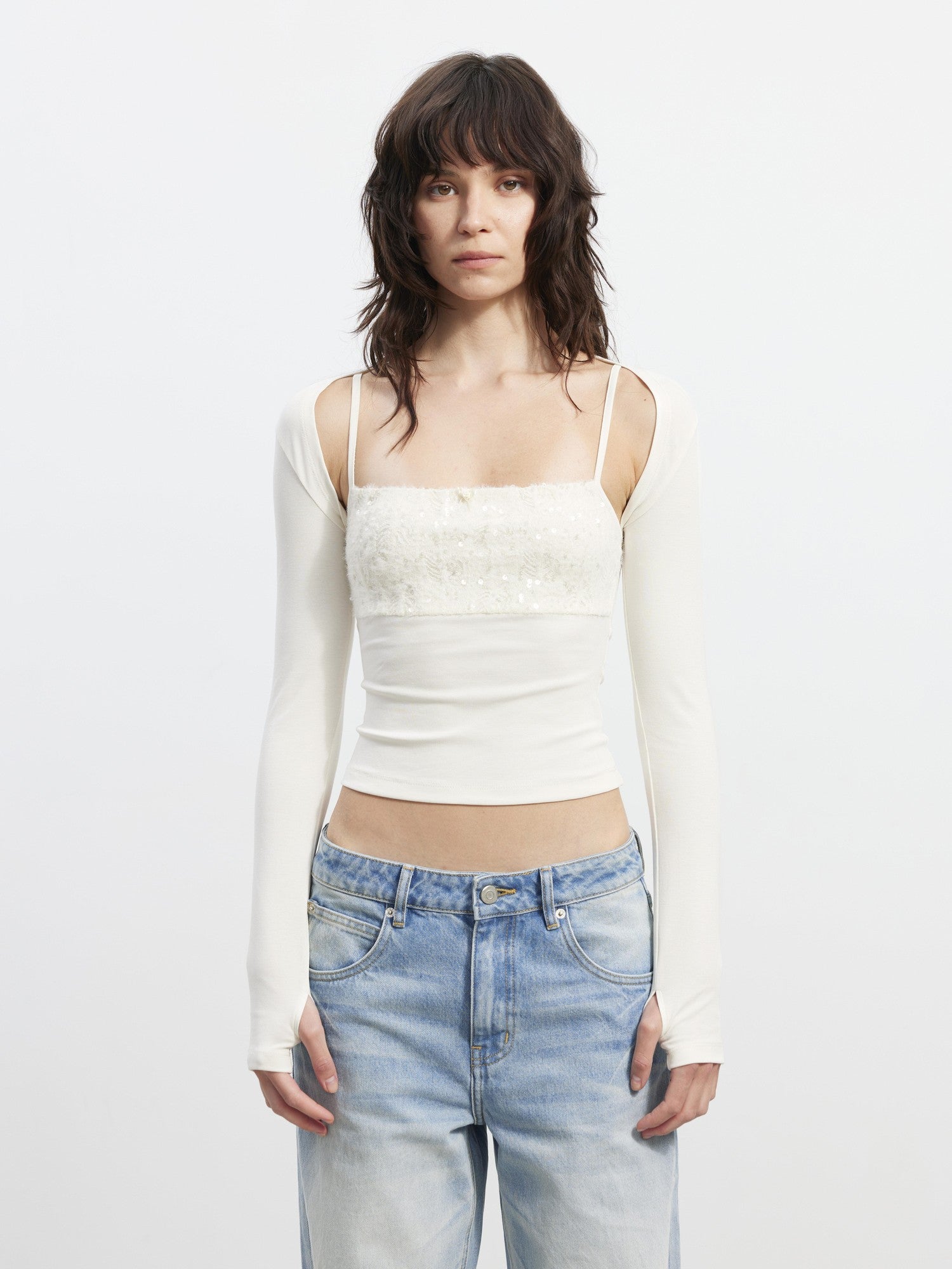 AFTADAWN Shimmer Sequin Embroidered Lace Square Neck Slim Women&