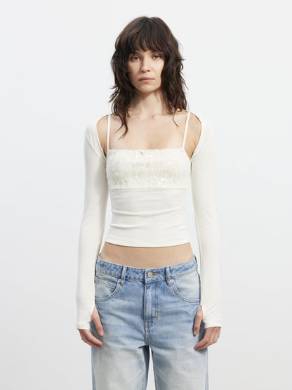 AFTADAWN Shimmer Sequin Embroidered Lace Square Neck Slim Women&