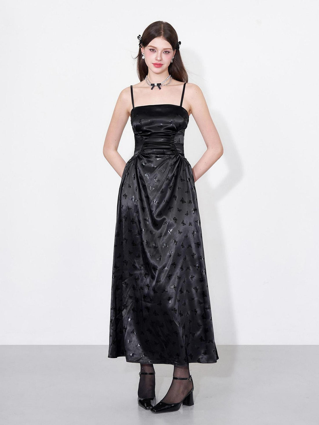 AFTADAWN Shimmering Butterfly Iris Satin V-neck Dress