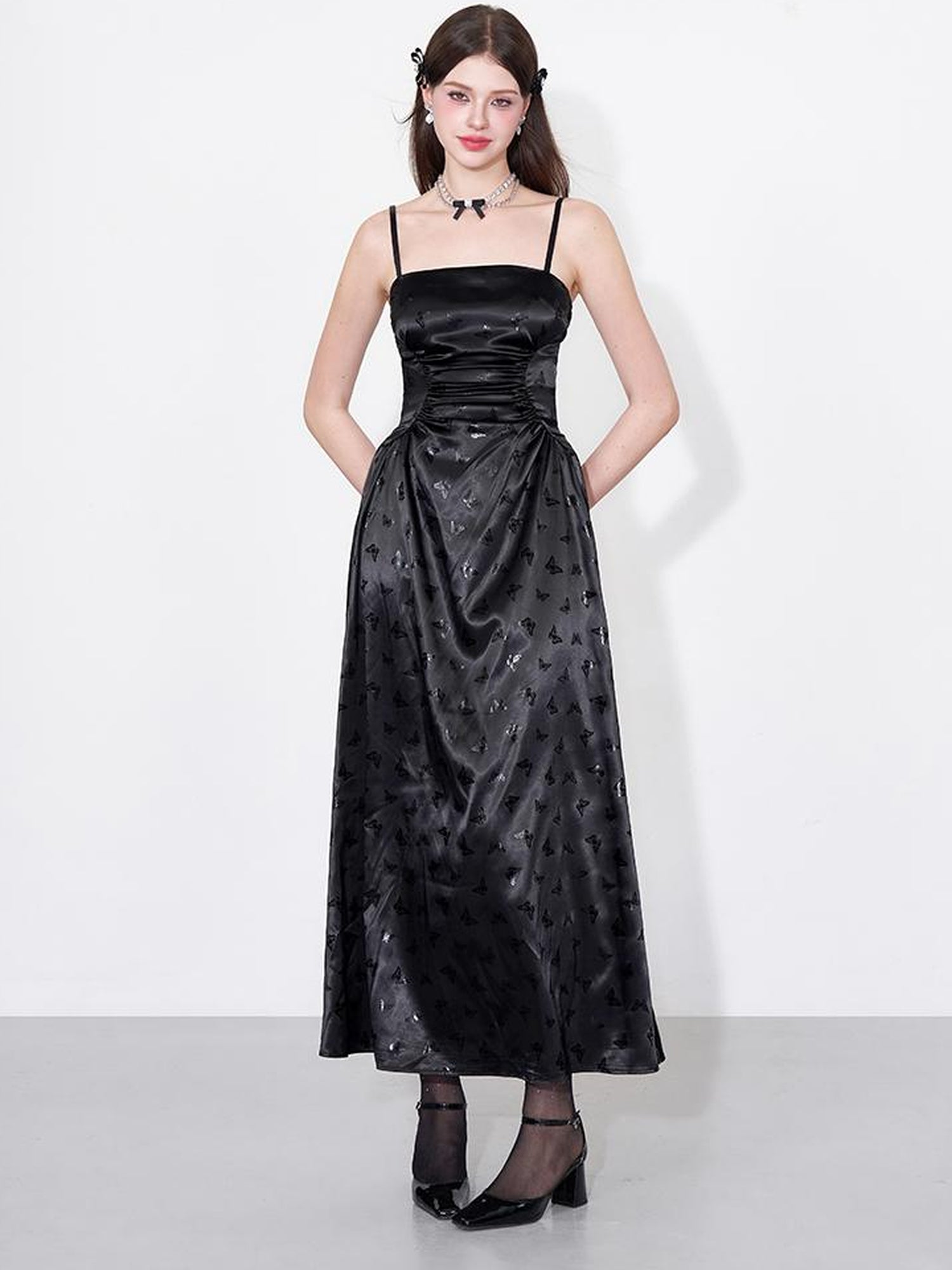 AFTADAWN Shimmering Butterfly Iris Satin V-neck Dress