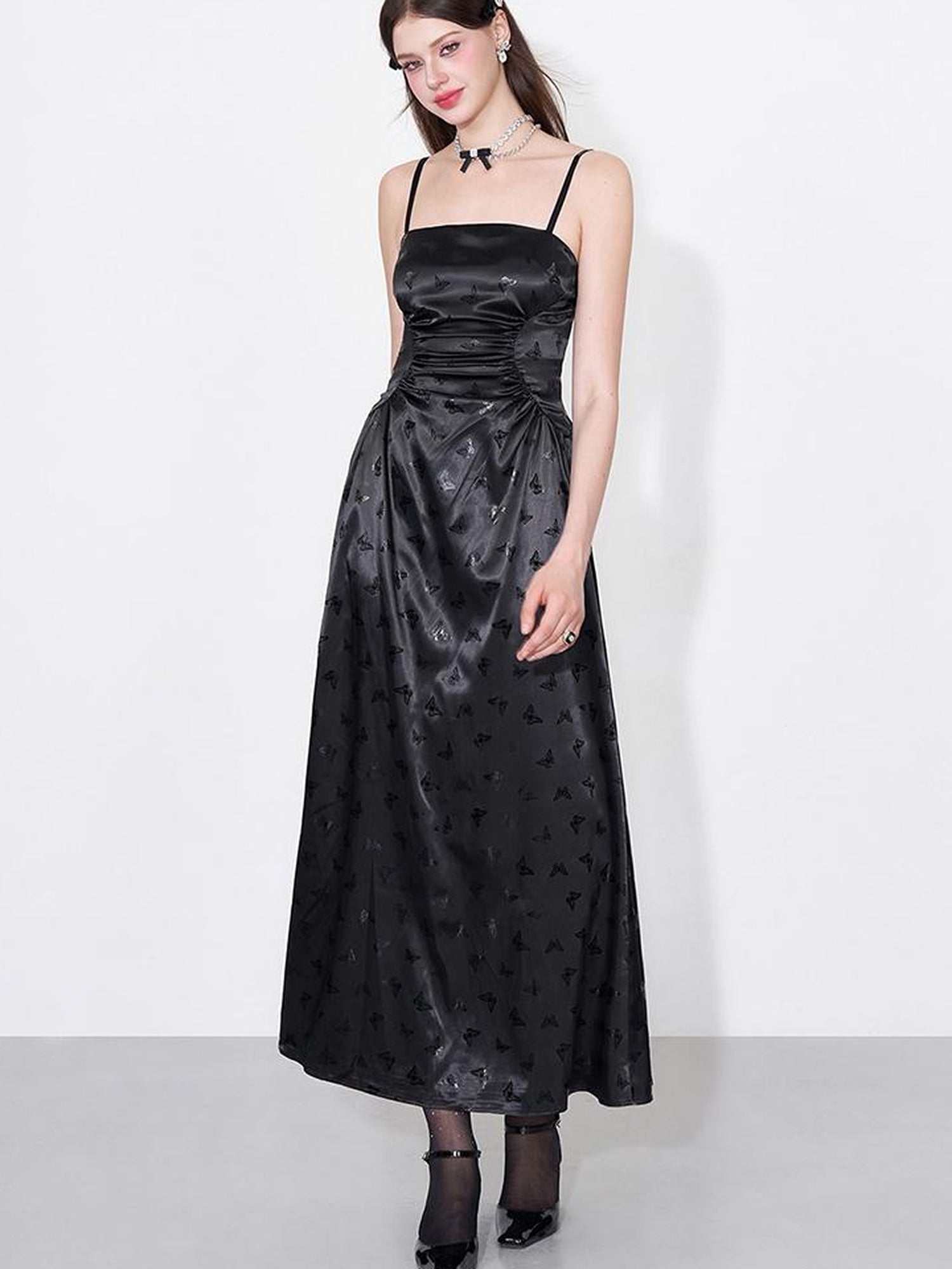 AFTADAWN Shimmering Butterfly Iris Satin V-neck Dress