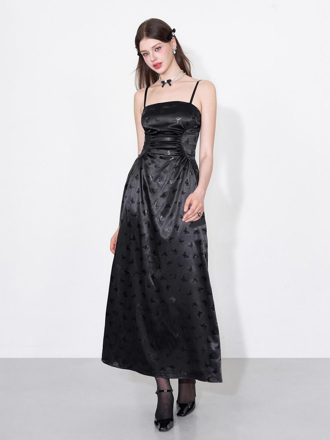 AFTADAWN Shimmering Butterfly Iris Satin V-neck Dress