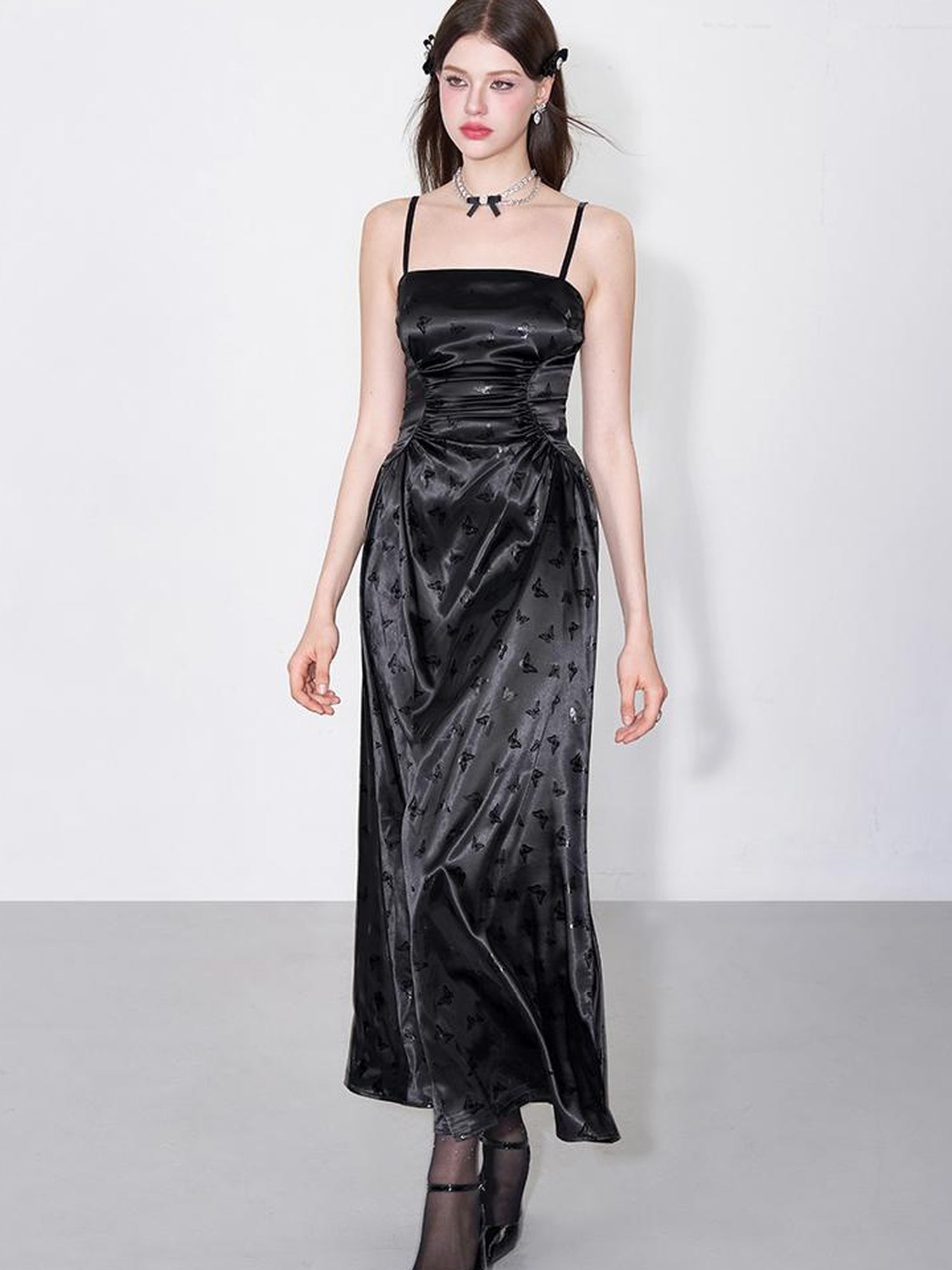 AFTADAWN Shimmering Butterfly Iris Satin V-neck Dress
