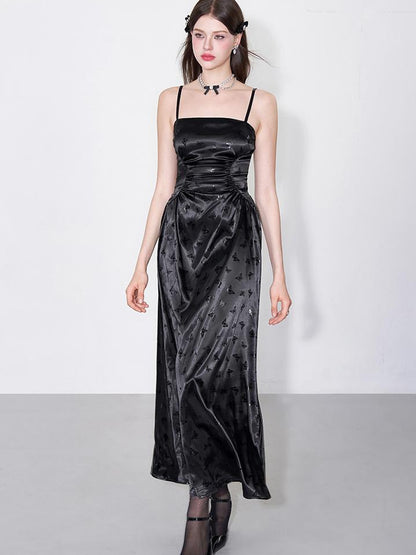 AFTADAWN Shimmering Butterfly Iris Satin V-neck Dress