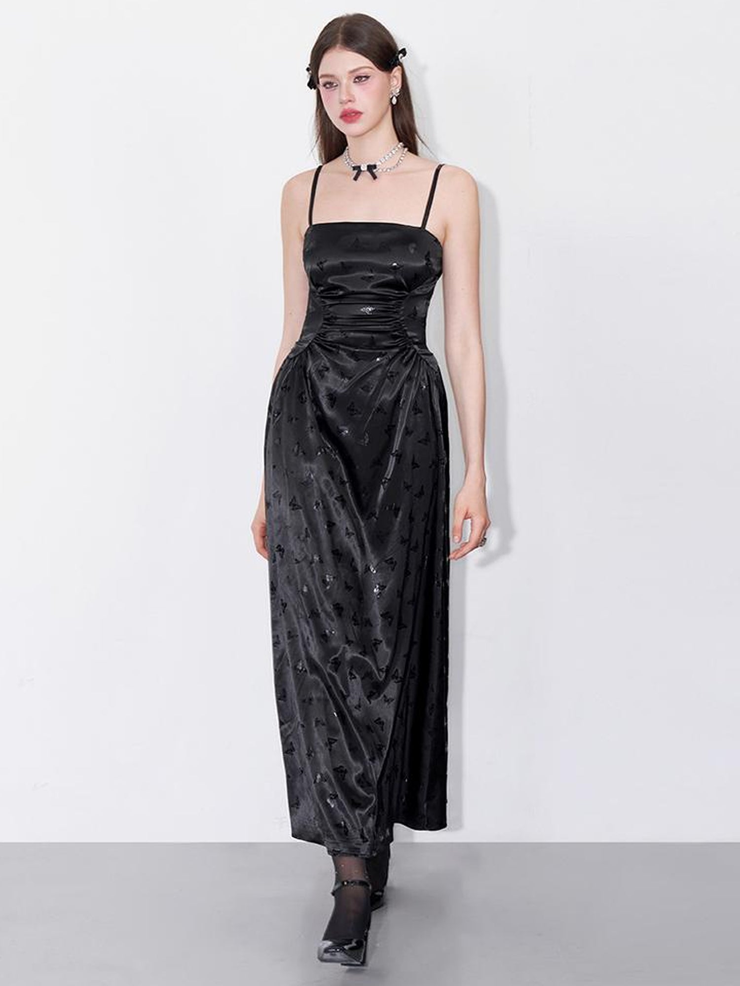 AFTADAWN Shimmering Butterfly Iris Satin V-neck Dress