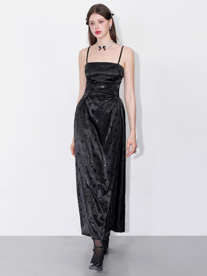 AFTADAWN Shimmering Butterfly Iris Satin V-neck Dress