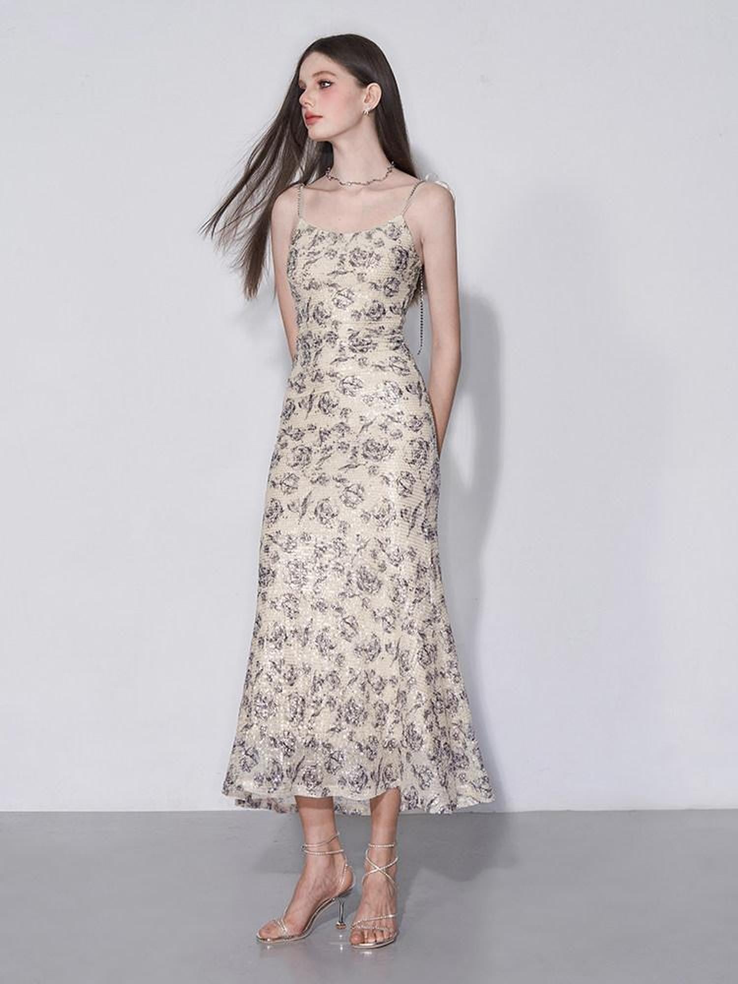 AFTADAWN Shimmering Sequin Print Spaghetti Strap Women&