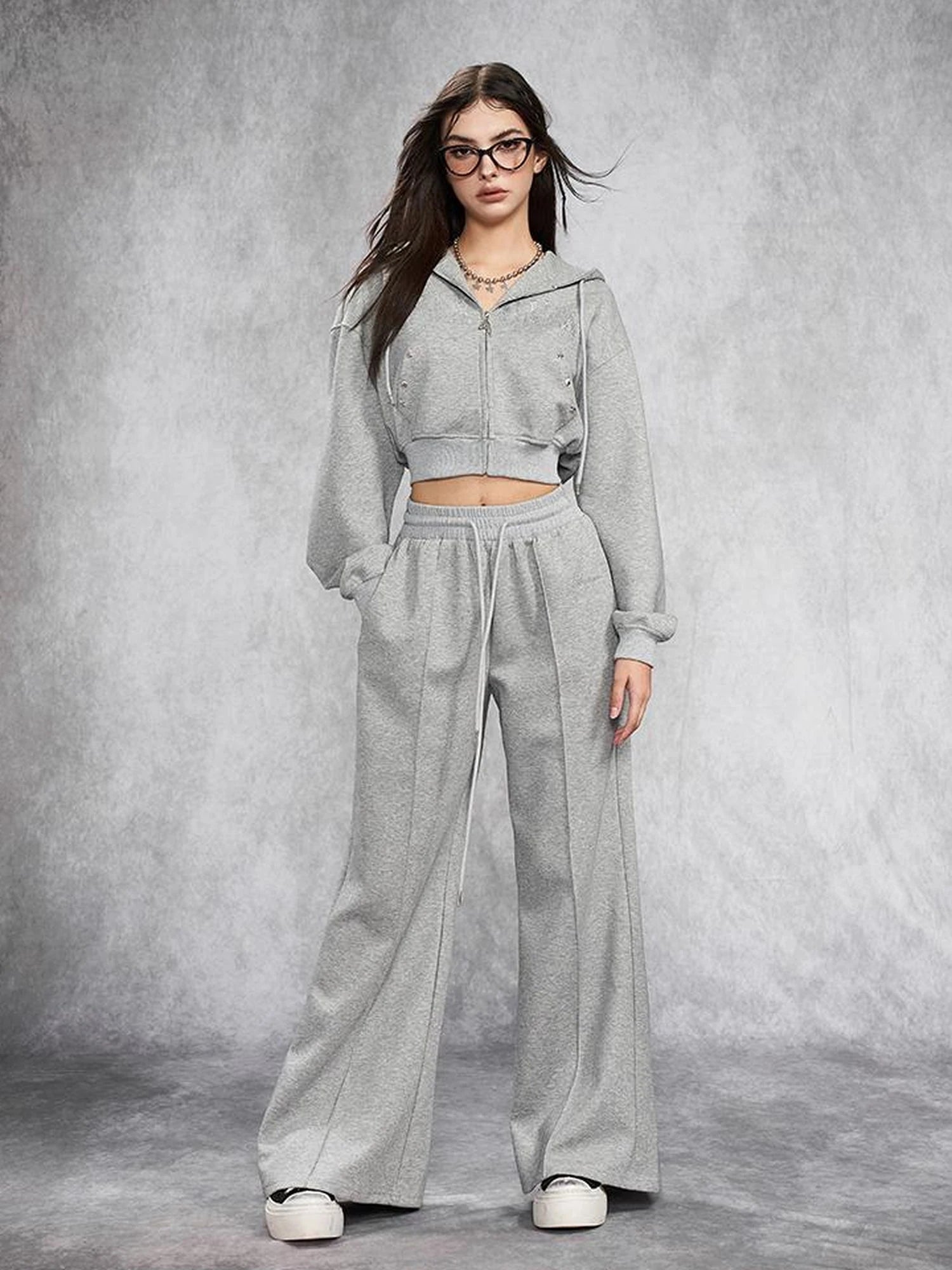 Short Gray Distressed Studded Oversized Crop Hoodie Skirt Set