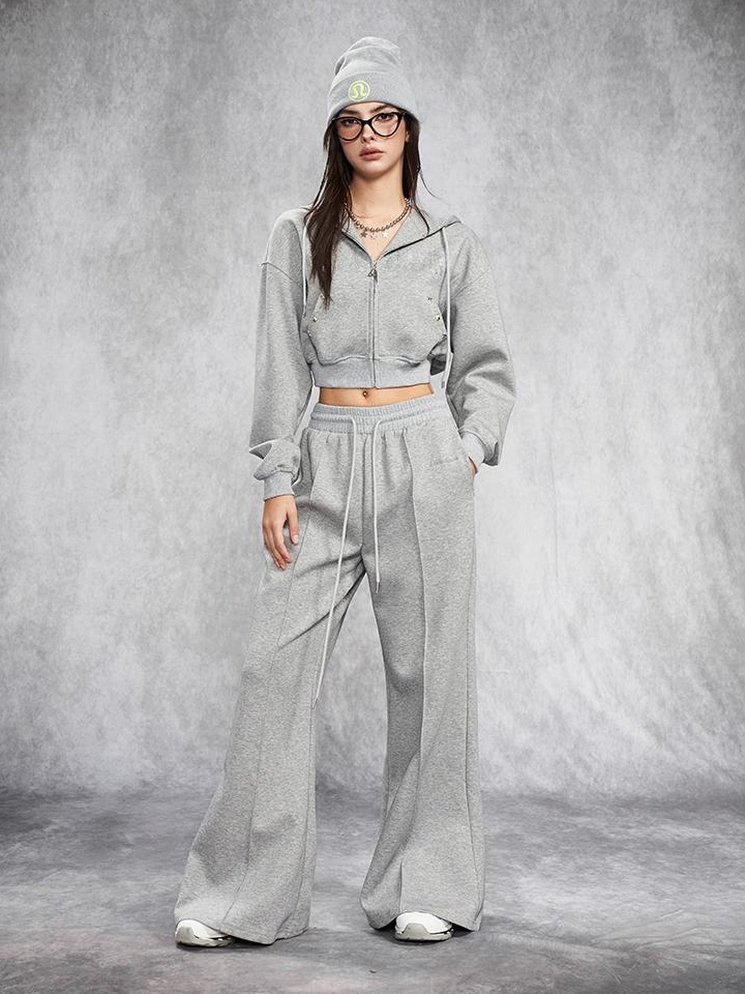 AFTADAWN Short Gray Distressed Studded Oversized Crop Hoodie Skirt Set
