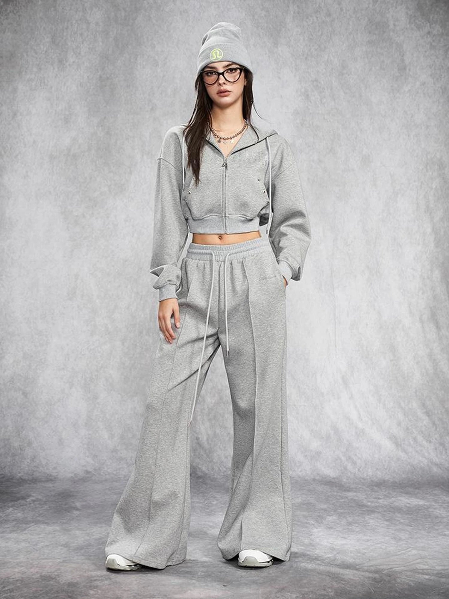 Short Gray Distressed Studded Oversized Crop Hoodie Skirt Set