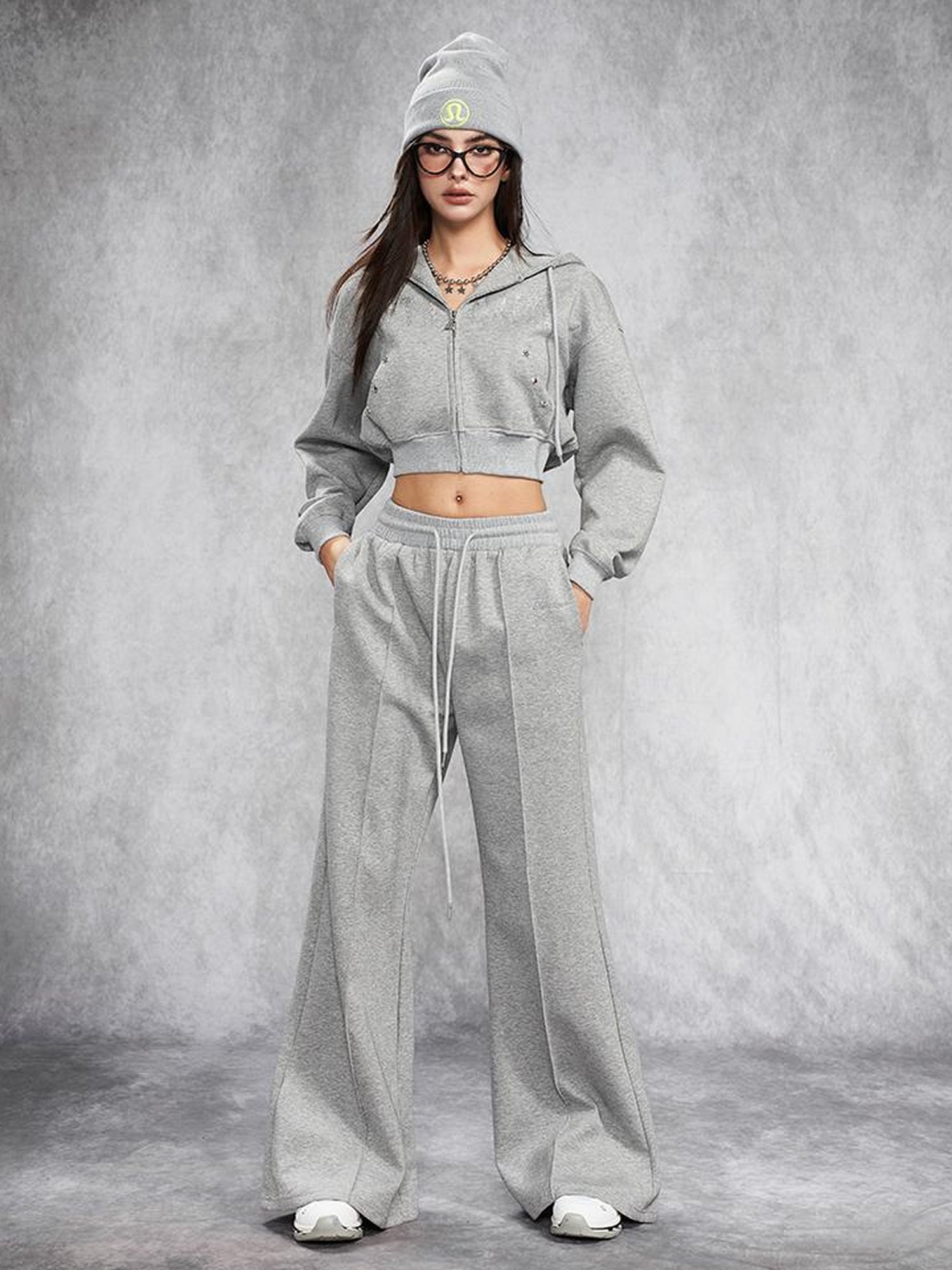 AFTADAWN Short Gray Distressed Studded Oversized Crop Hoodie Skirt Set