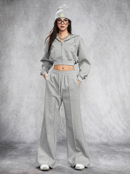 AFTADAWN Short Gray Distressed Studded Oversized Crop Hoodie Skirt Set
