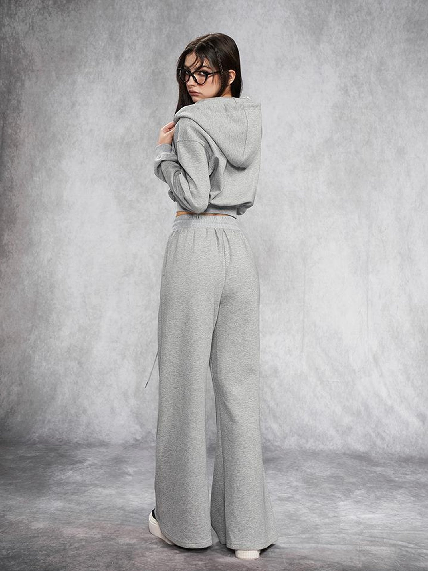 AFTADAWN Short Gray Distressed Studded Oversized Crop Hoodie Skirt Set