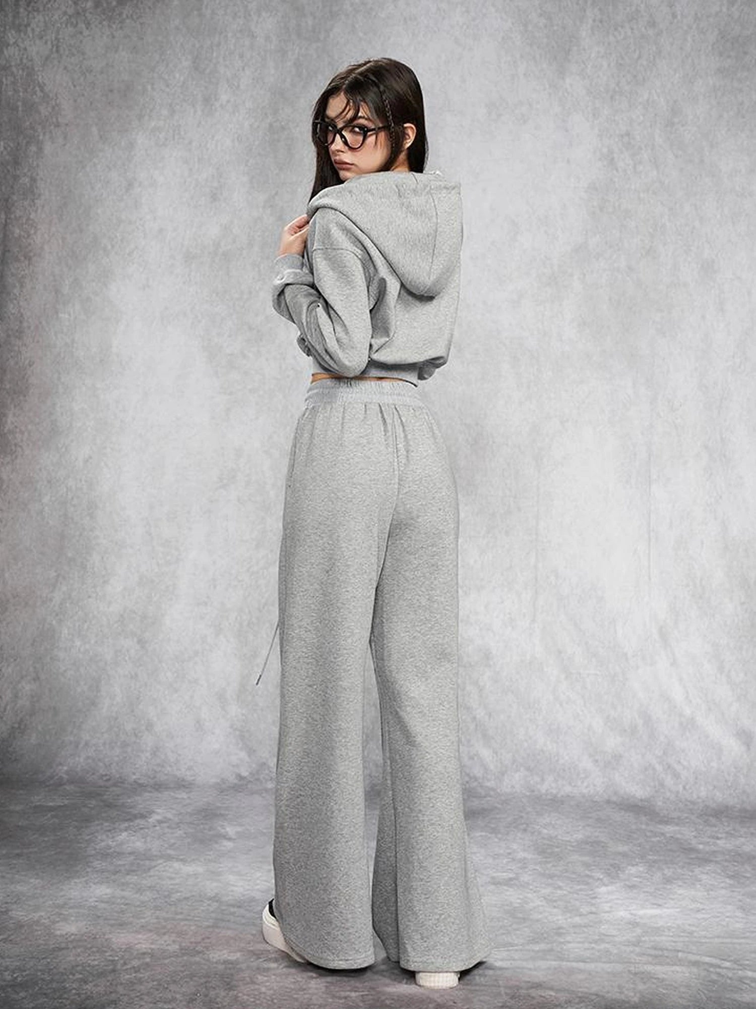 Short Gray Distressed Studded Oversized Crop Hoodie Skirt Set