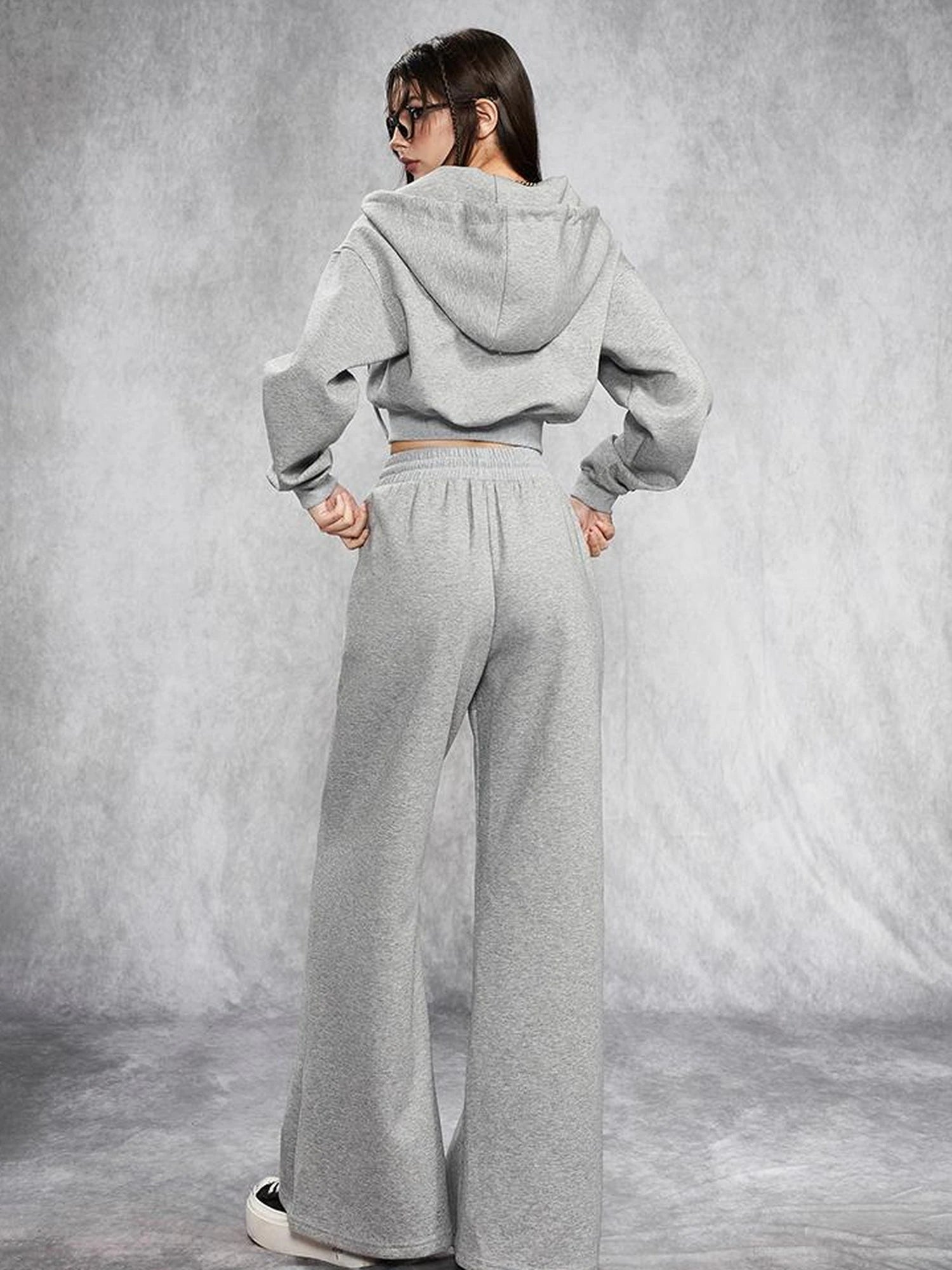 Short Gray Distressed Studded Oversized Crop Hoodie Skirt Set