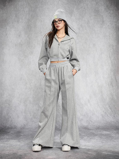 AFTADAWN Short Gray Distressed Studded Oversized Crop Hoodie Skirt Set