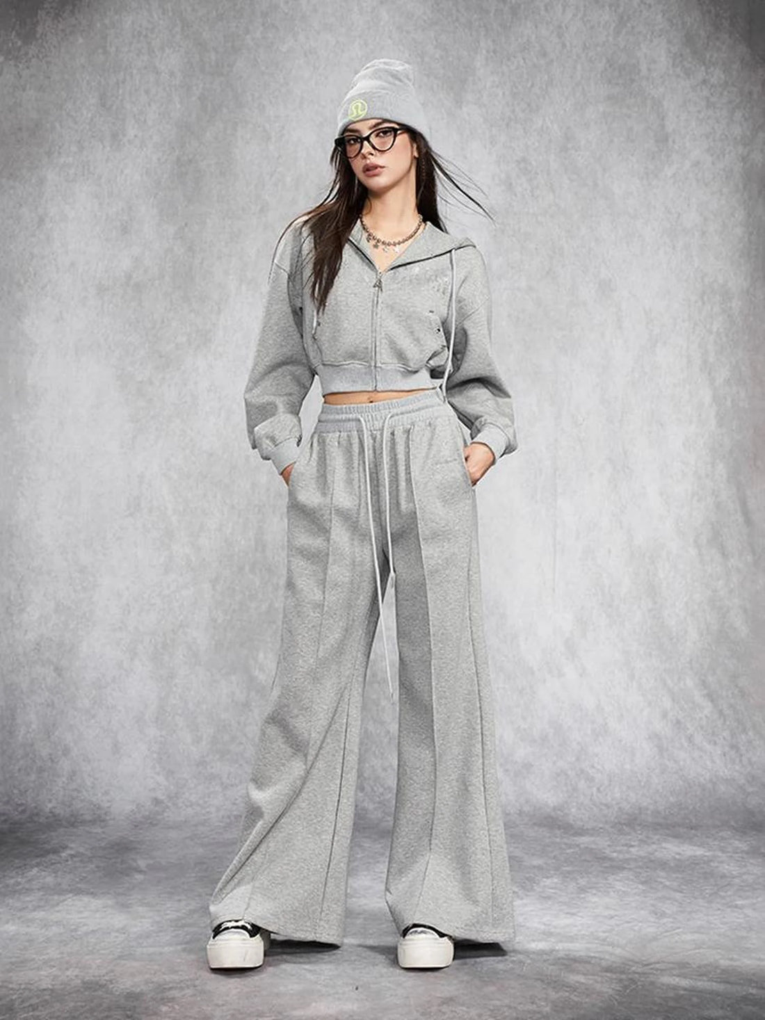 Short Gray Distressed Studded Oversized Crop Hoodie Skirt Set