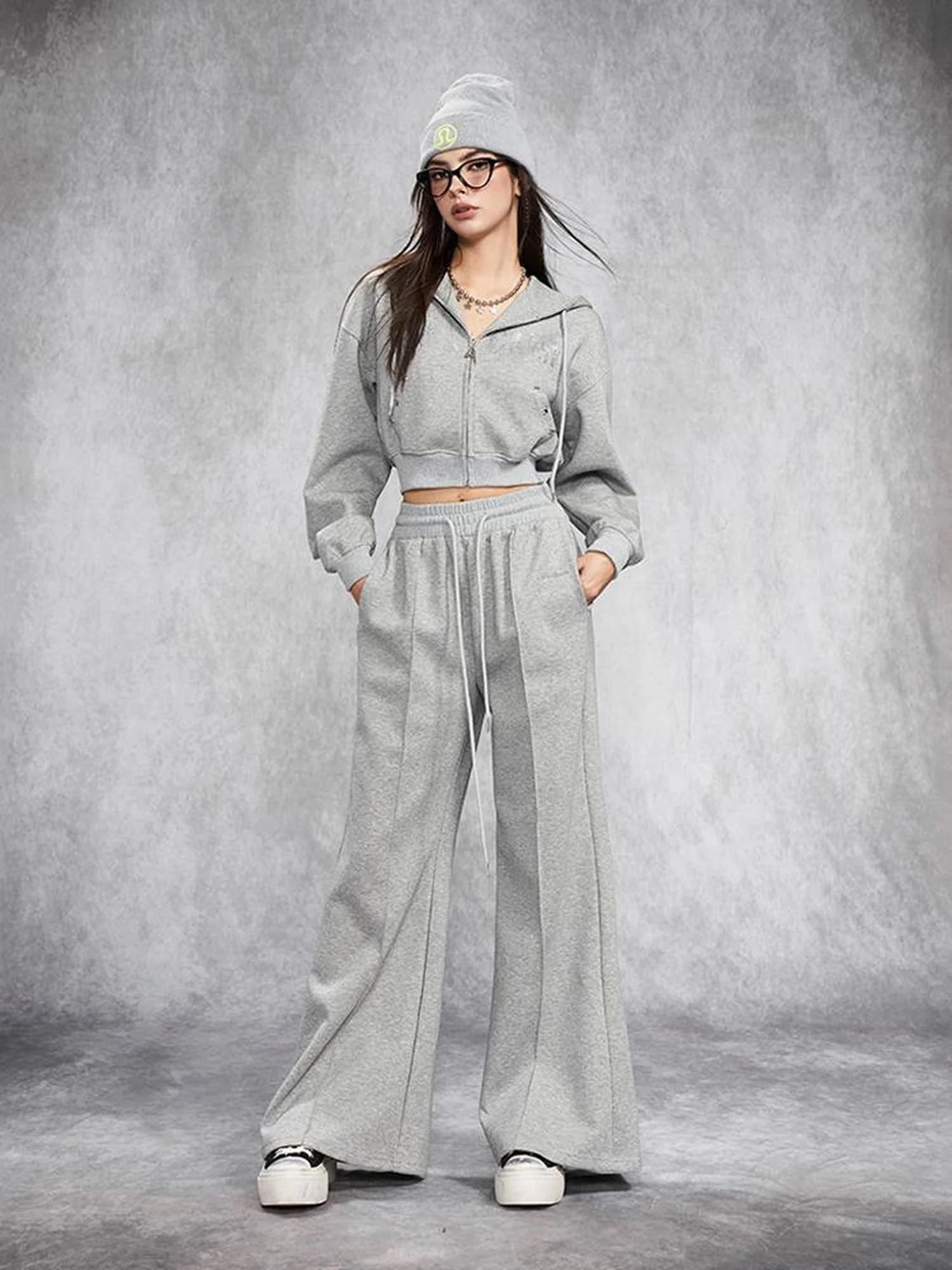 Short Gray Distressed Studded Oversized Crop Hoodie Skirt Set