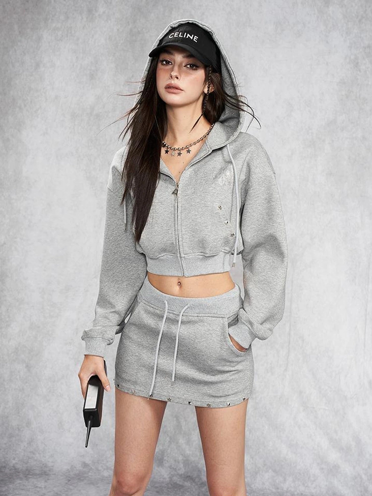 Short Gray Distressed Studded Oversized Crop Hoodie Skirt Set