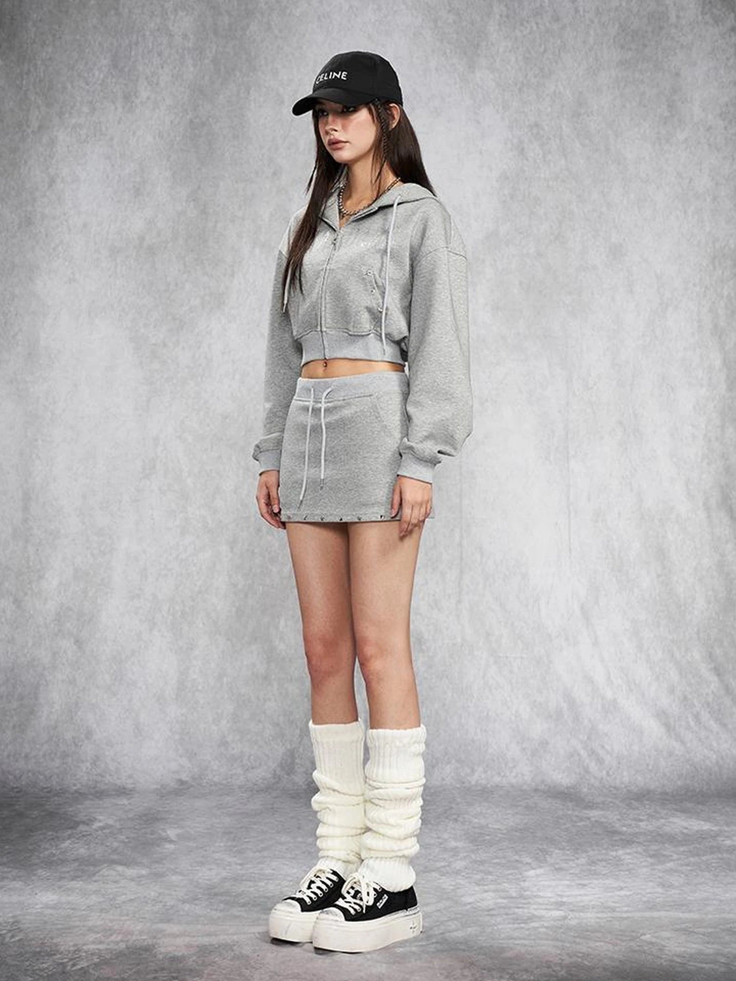 Short Gray Distressed Studded Oversized Crop Hoodie Skirt Set
