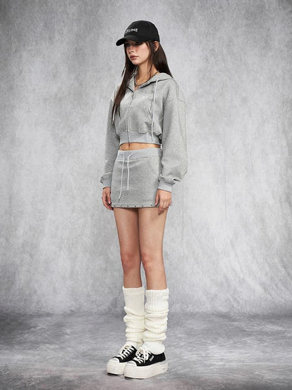 Short Gray Distressed Studded Oversized Crop Hoodie Skirt Set