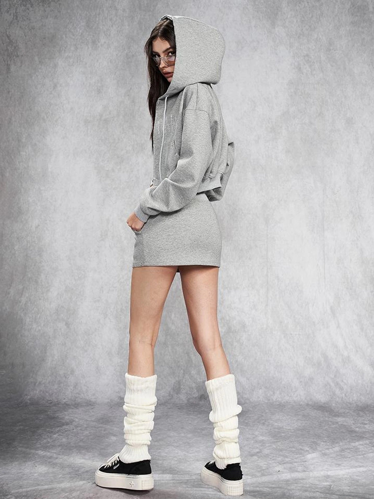 Short Gray Distressed Studded Oversized Crop Hoodie Skirt Set