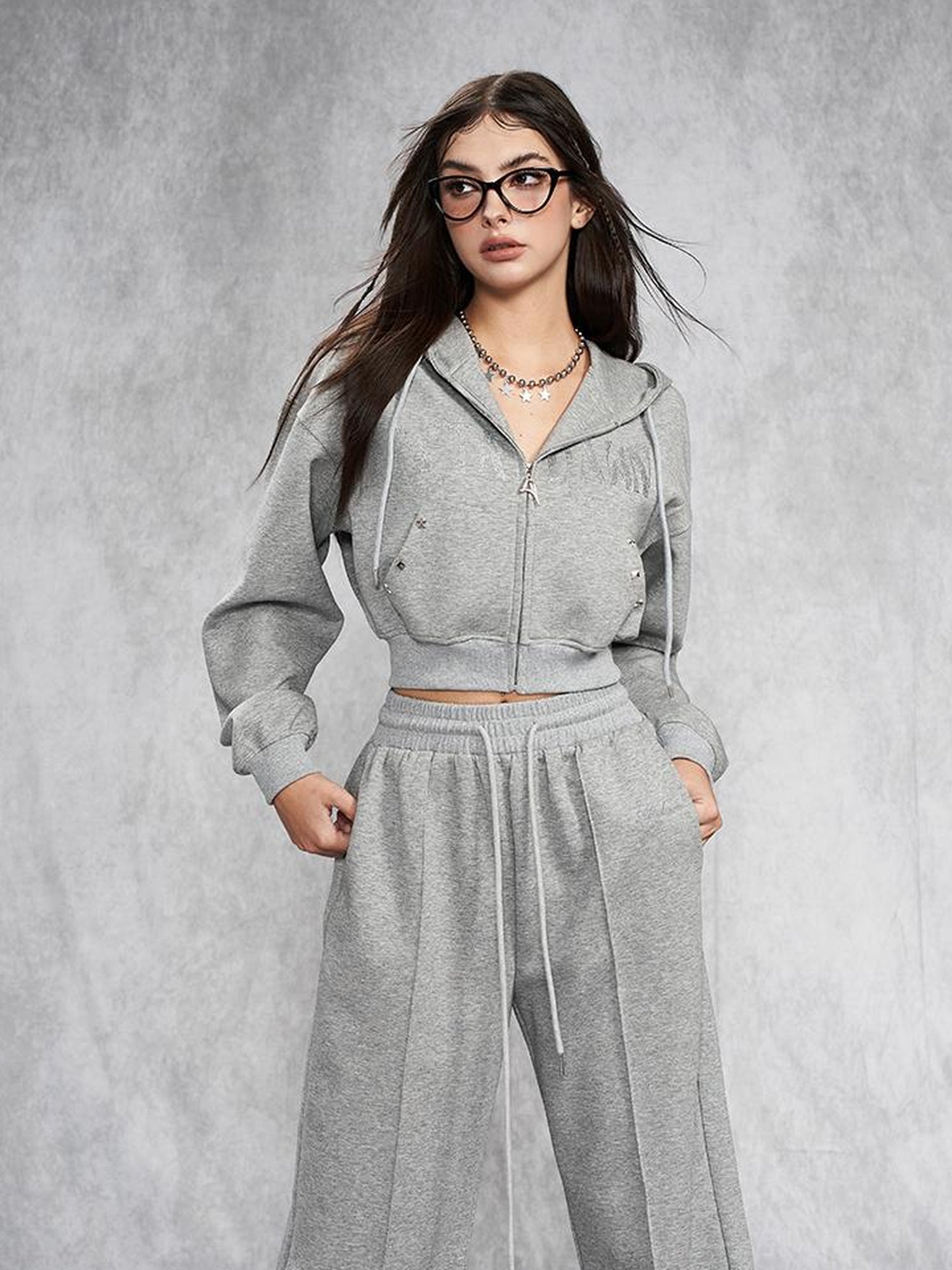 AFTADAWN Short Gray Distressed Studded Oversized Crop Hoodie Skirt Set