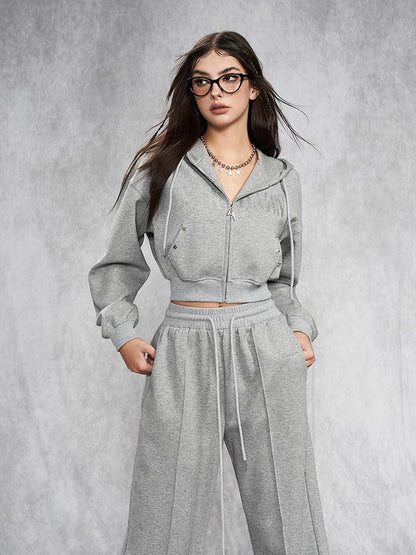 AFTADAWN Short Gray Distressed Studded Oversized Crop Hoodie Skirt Set