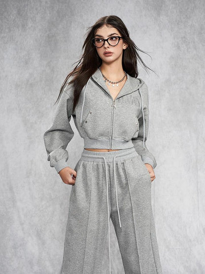 Short Gray Distressed Studded Oversized Crop Hoodie Skirt Set