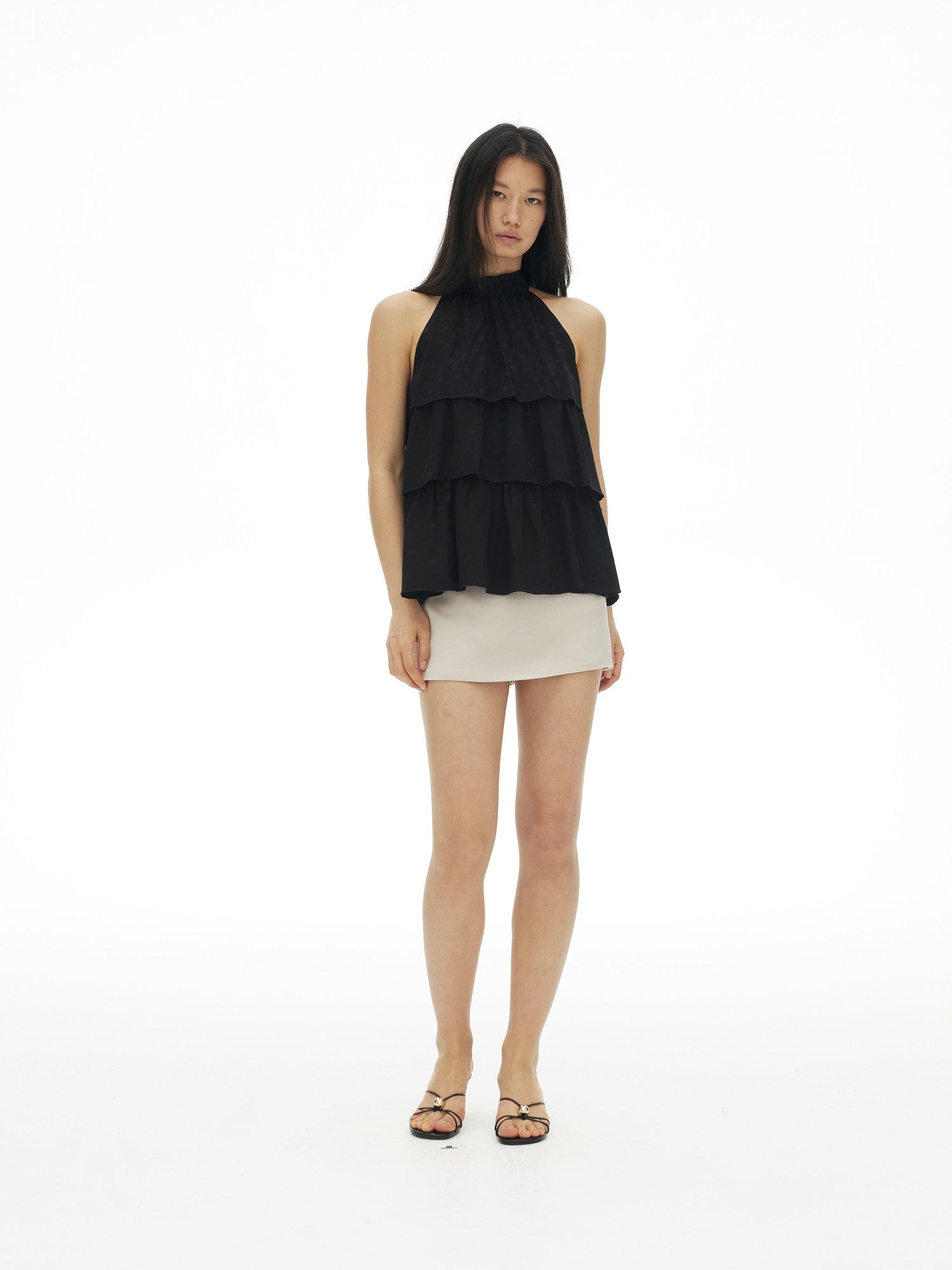 AFTADAWN Silky Satin Polka Dot Layered Ruffle High Neck Women&