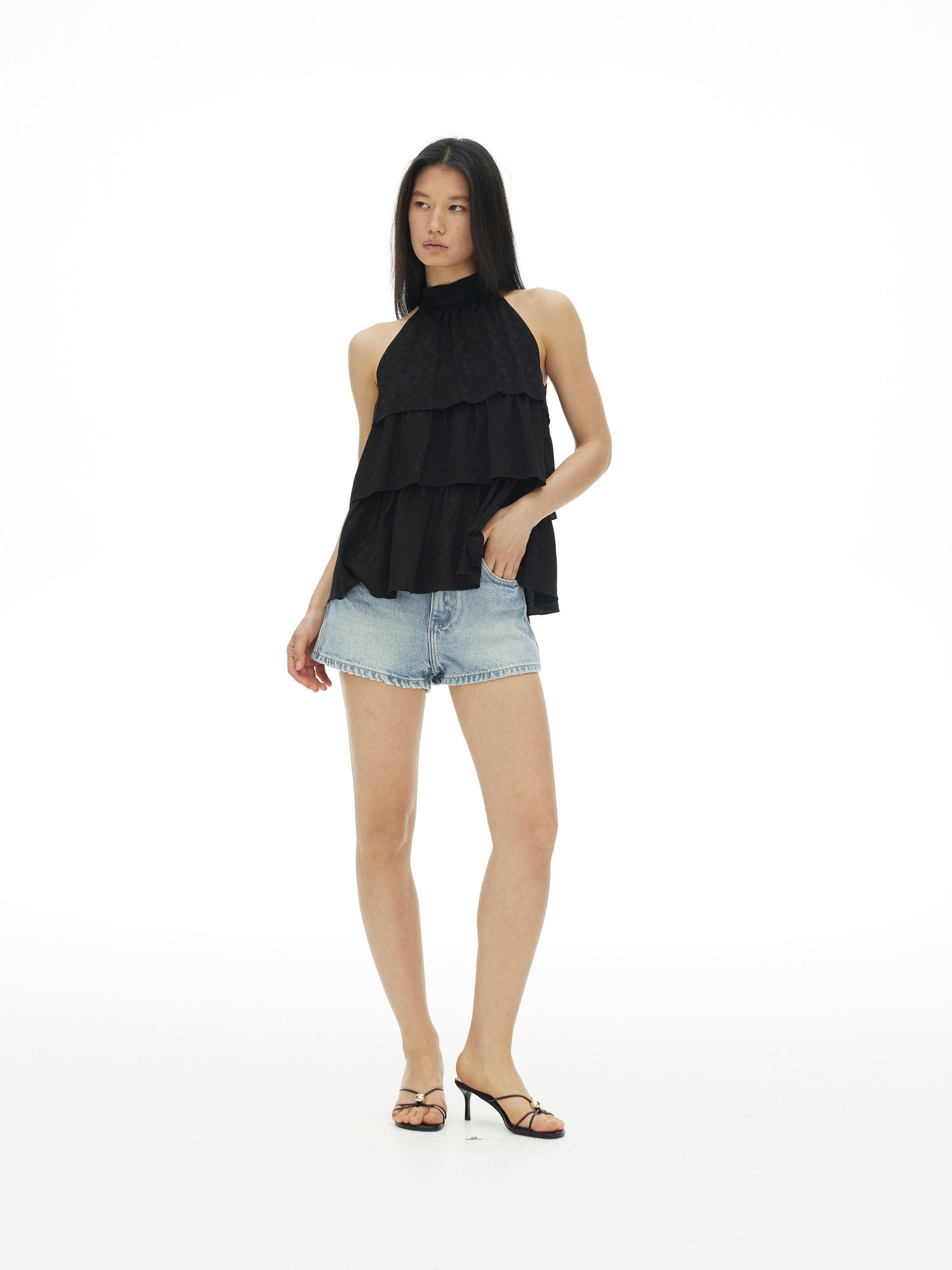 AFTADAWN Silky Satin Polka Dot Layered Ruffle High Neck Women&