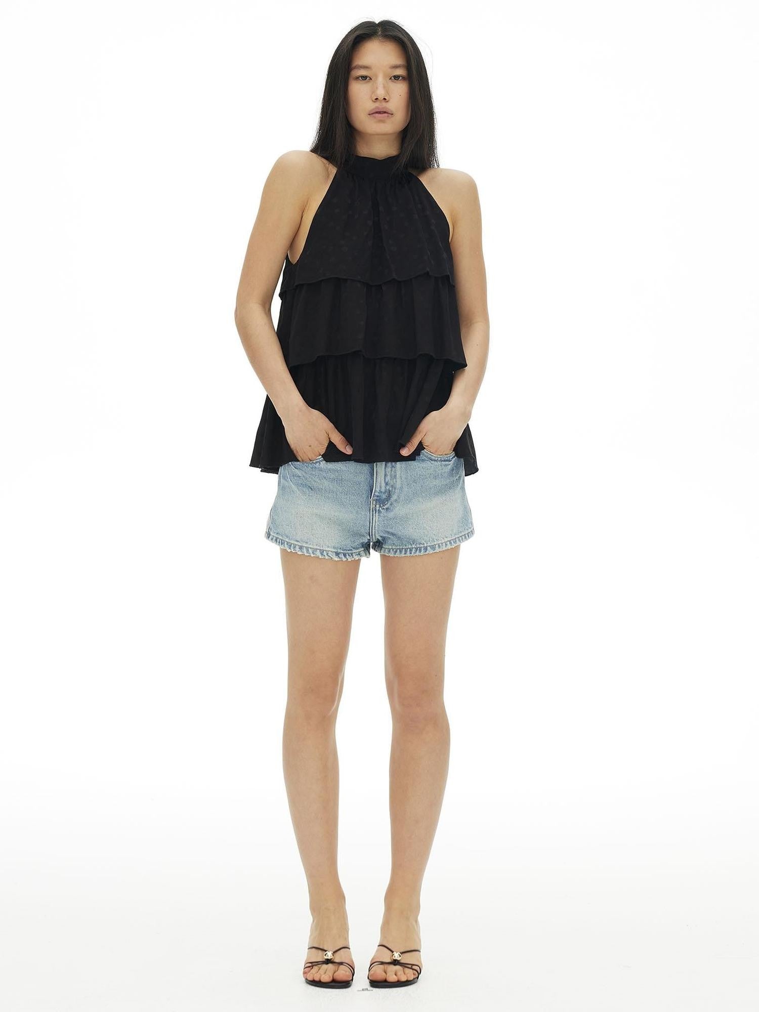 AFTADAWN Silky Satin Polka Dot Layered Ruffle High Neck Women&