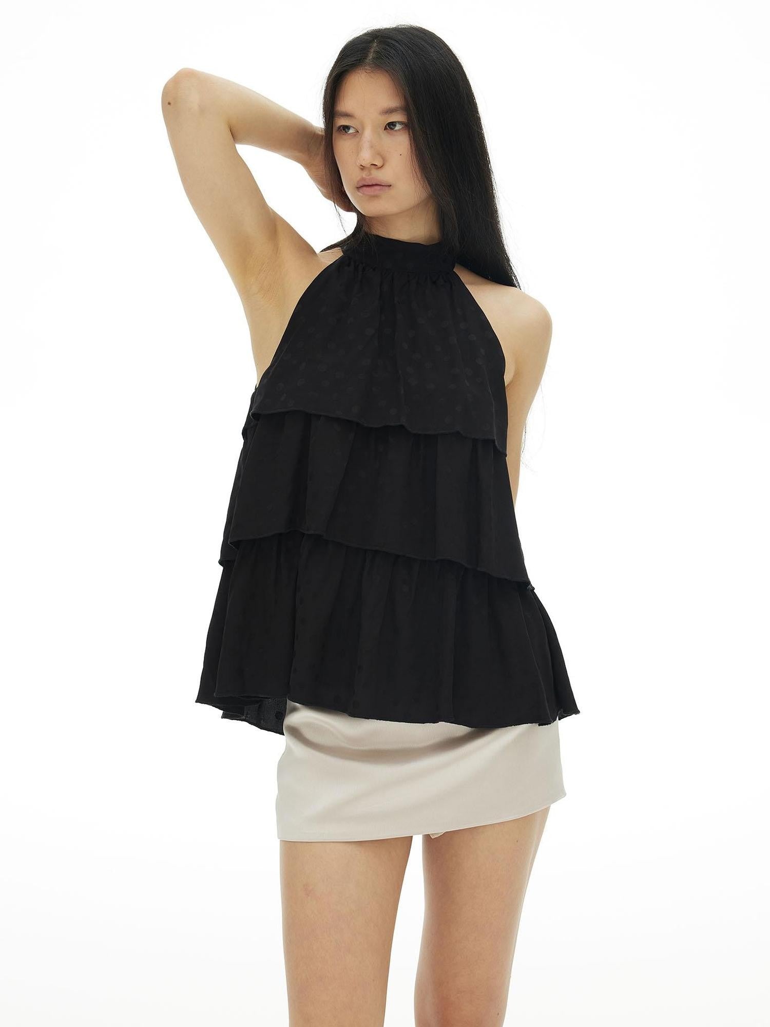 AFTADAWN Silky Satin Polka Dot Layered Ruffle High Neck Women&
