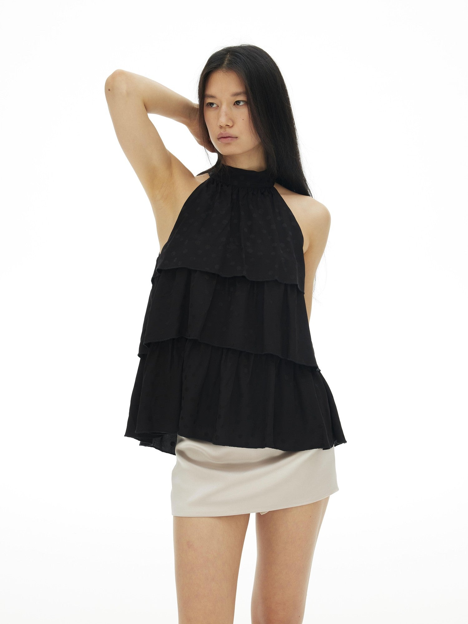 AFTADAWN Silky Satin Polka Dot Layered Ruffle High Neck Women&