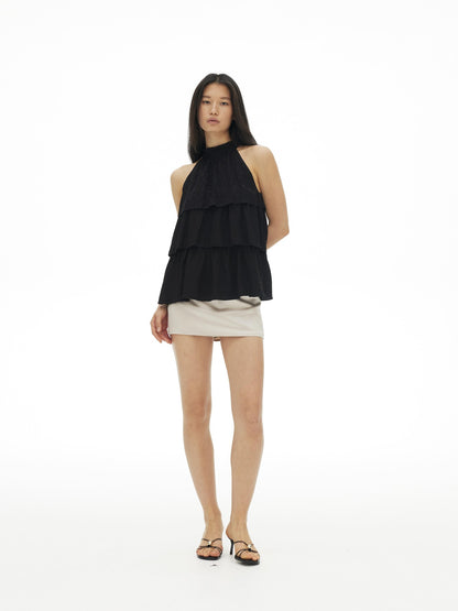 AFTADAWN Silky Satin Polka Dot Layered Ruffle High Neck Women&